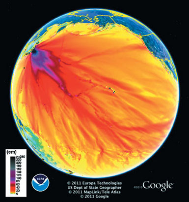 CODAR Ocean Sensors Tsunami color map of worldwide effects